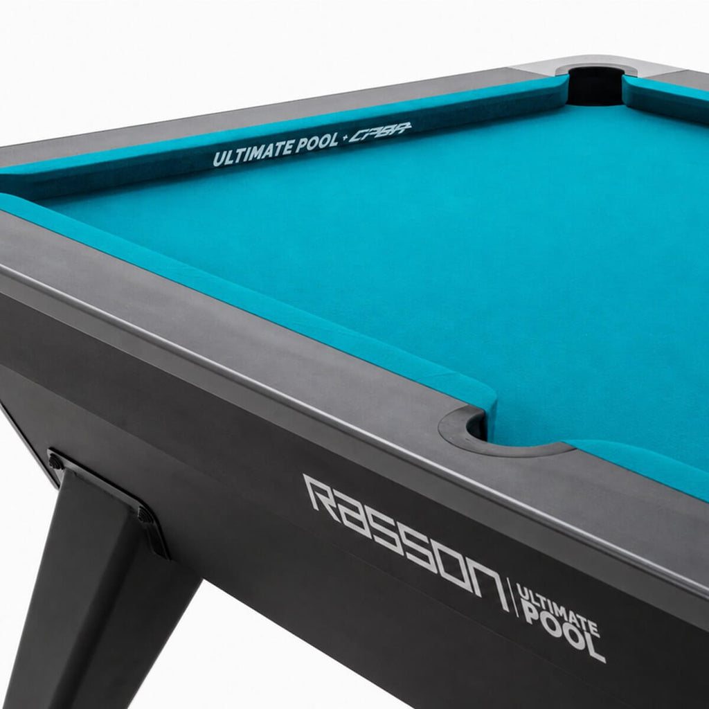 Close-up of the Rasson Apollo II teal cloth, cushion rail and corner pocket