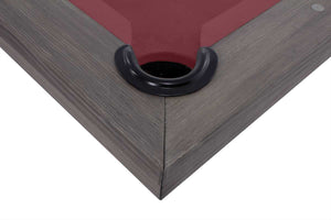 Close-up of the Rasson Bedford pool table's corner pocket and internal leather drop pocket