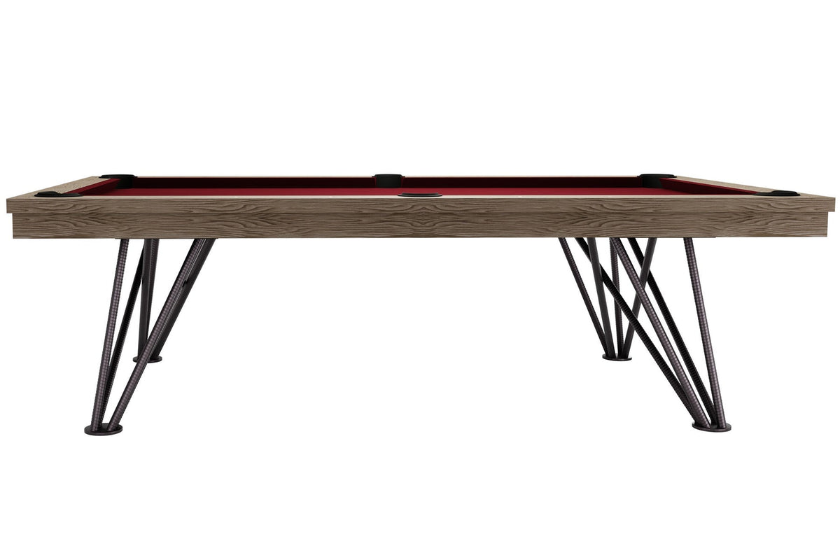 Side view of the Rasson Dauphine 8ft pool table showing the crossing steel legs