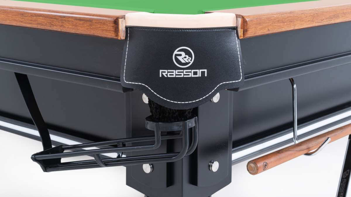 Corner detail of the Rasson Englon 12ft Russian pyramid table in black