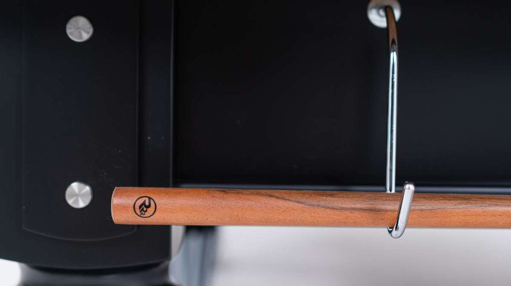 Built-in cue holder on the side of the Rasson Englon 12ft Russian pyramid table