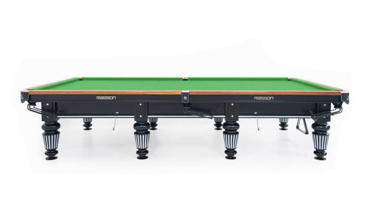 Rasson Englon 12ft Russian pyramid table, full side view of the black cabinet and eight legs