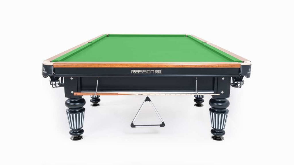 Gold trim detail on the black cabinet of the Rasson Englon 12ft Russian pyramid table