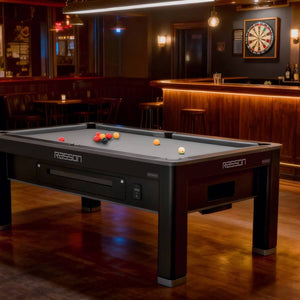 Rasson Ironman pool table set up for a game in a pub-style bar
