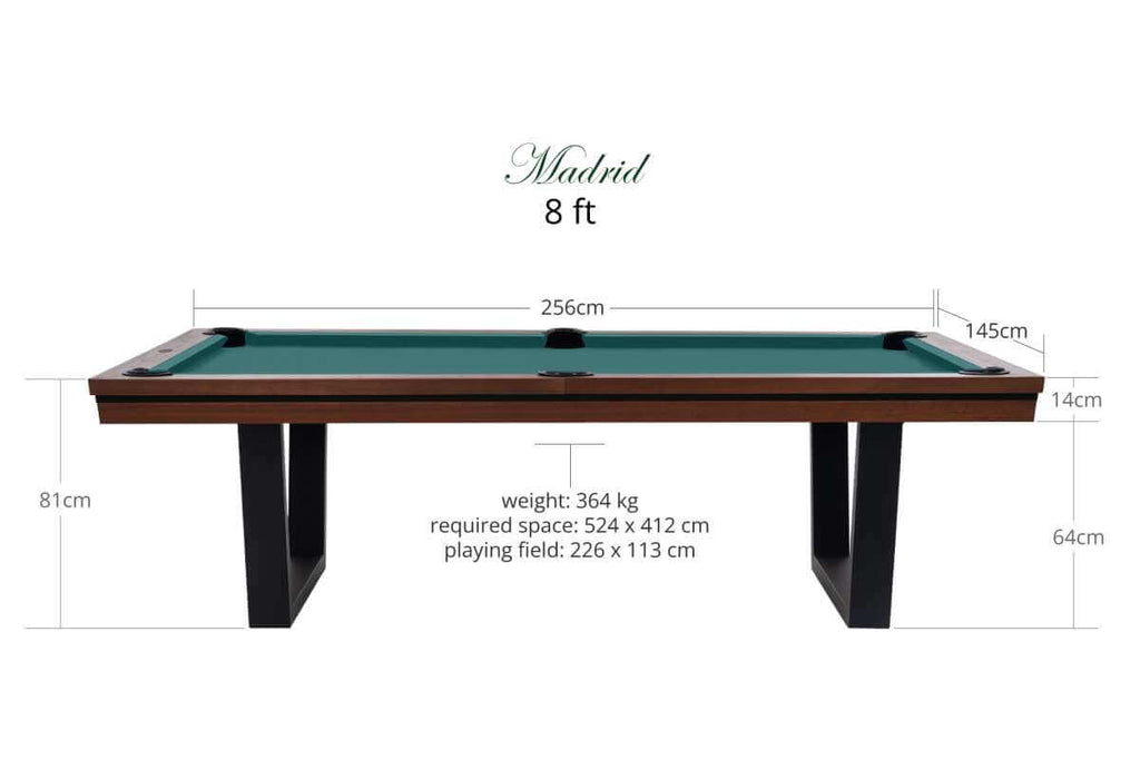 Rasson Madrid American Dining Pool Table shown in the 8ft size, walnut finish