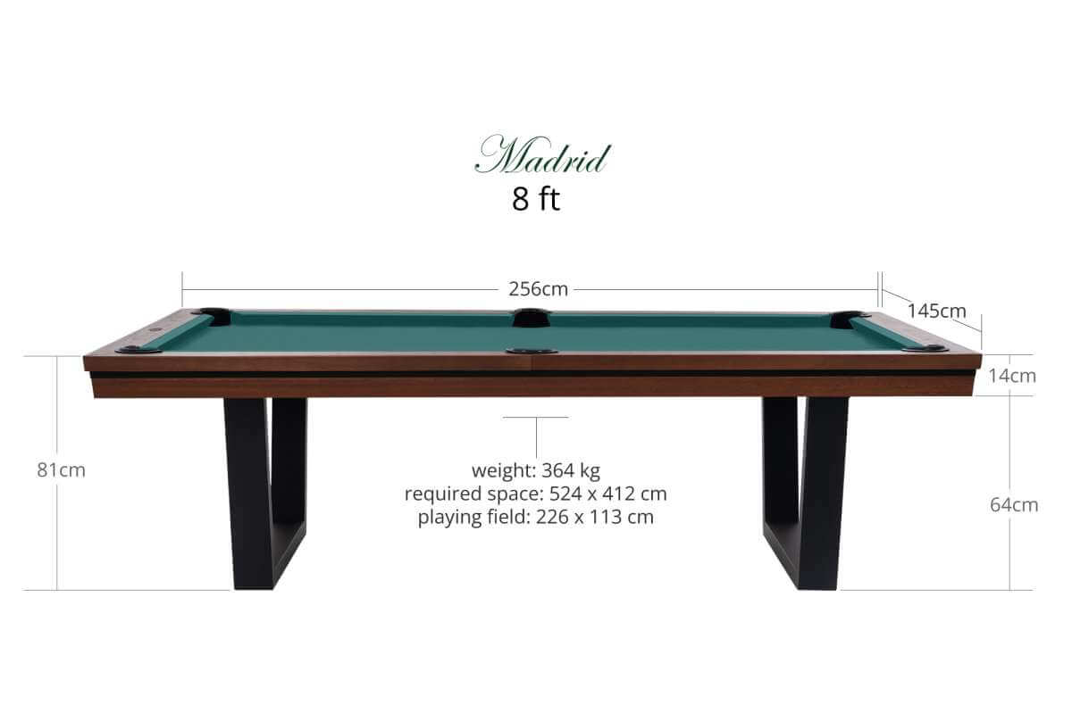Rasson Madrid American Dining Pool Table shown in the 8ft size, walnut finish