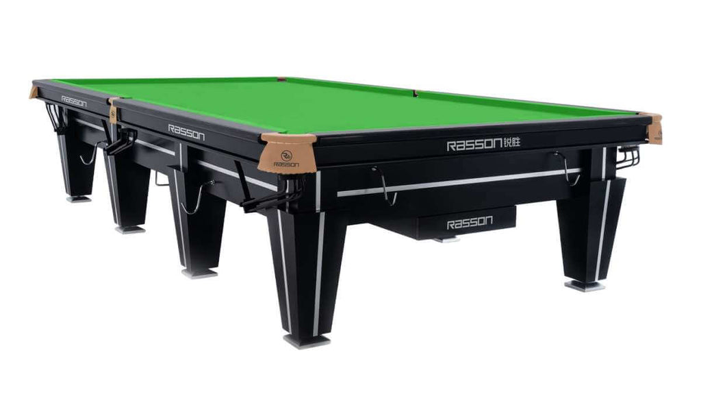 Rasson Magnum II 12ft snooker table with green cloth and dark wood frame