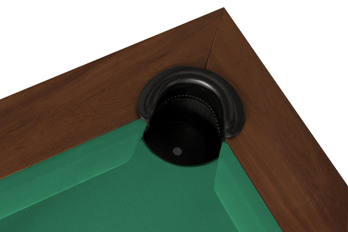 Close-up of the corner pocket and cushion on the Rasson Pierce 8ft pool table