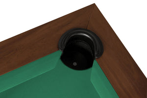 Close-up of the corner pocket and cushion on the Rasson Pierce 8ft pool table