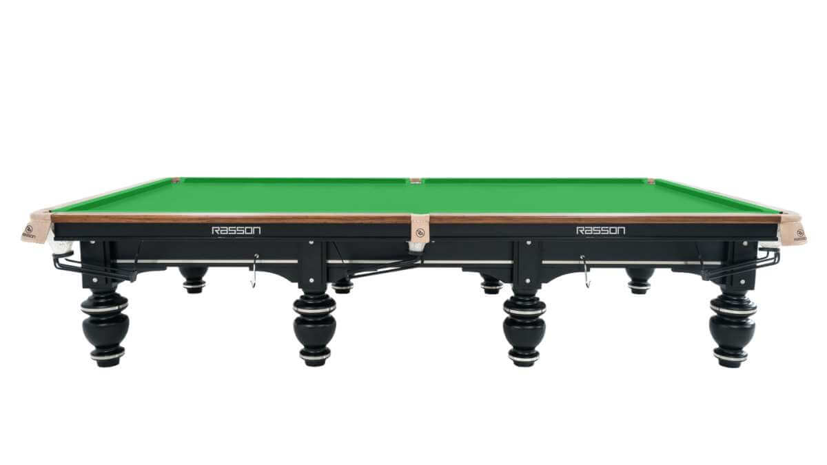 Rasson Strong II 12ft snooker table viewed side-on, showing the green bed and turned black legs