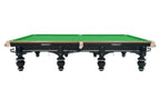 Rasson Strong II 12ft snooker table viewed side-on, showing the green bed and turned black legs