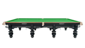 Rasson Strong II 12ft snooker table viewed side-on, showing the green bed and turned black legs