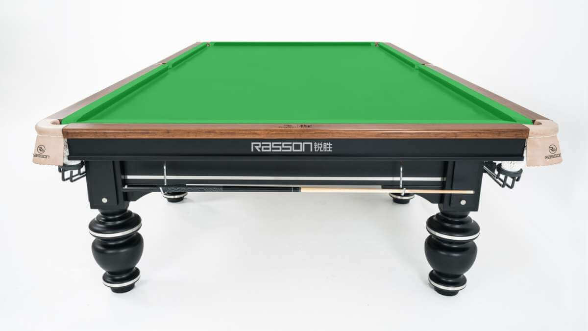 Rasson Strong II 12ft snooker table from a corner angle, showing the playing surface and timber rails