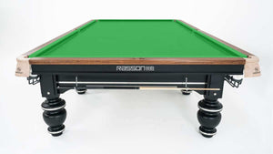 Rasson Strong II 12ft snooker table from a corner angle, showing the playing surface and timber rails