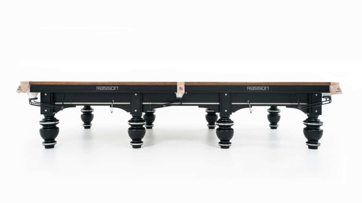 Side elevation of the Rasson Strong II 12ft snooker table showing all eight turned legs