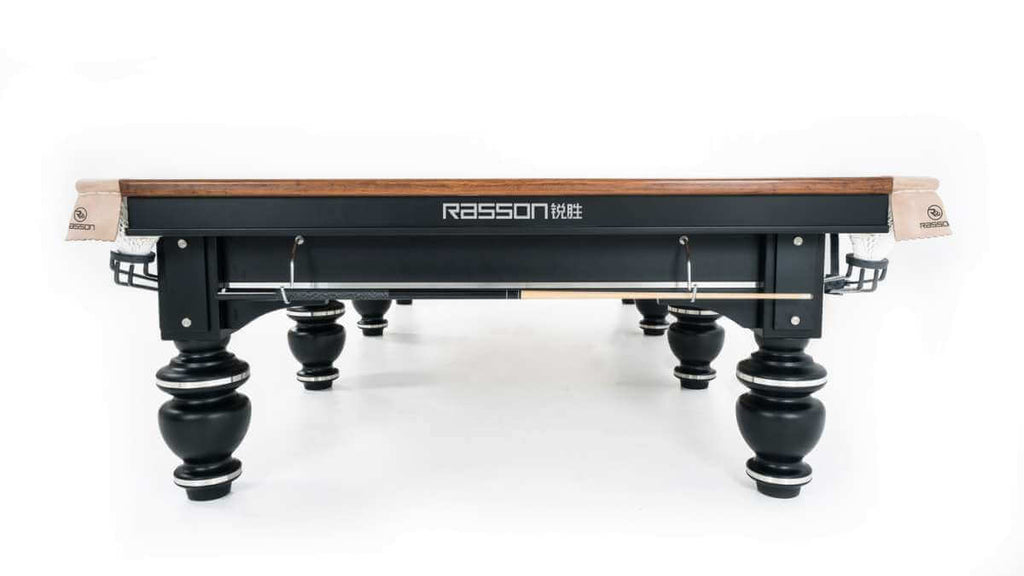 End-on view of the Rasson Strong II 12ft snooker table with the Rasson badge on the apron