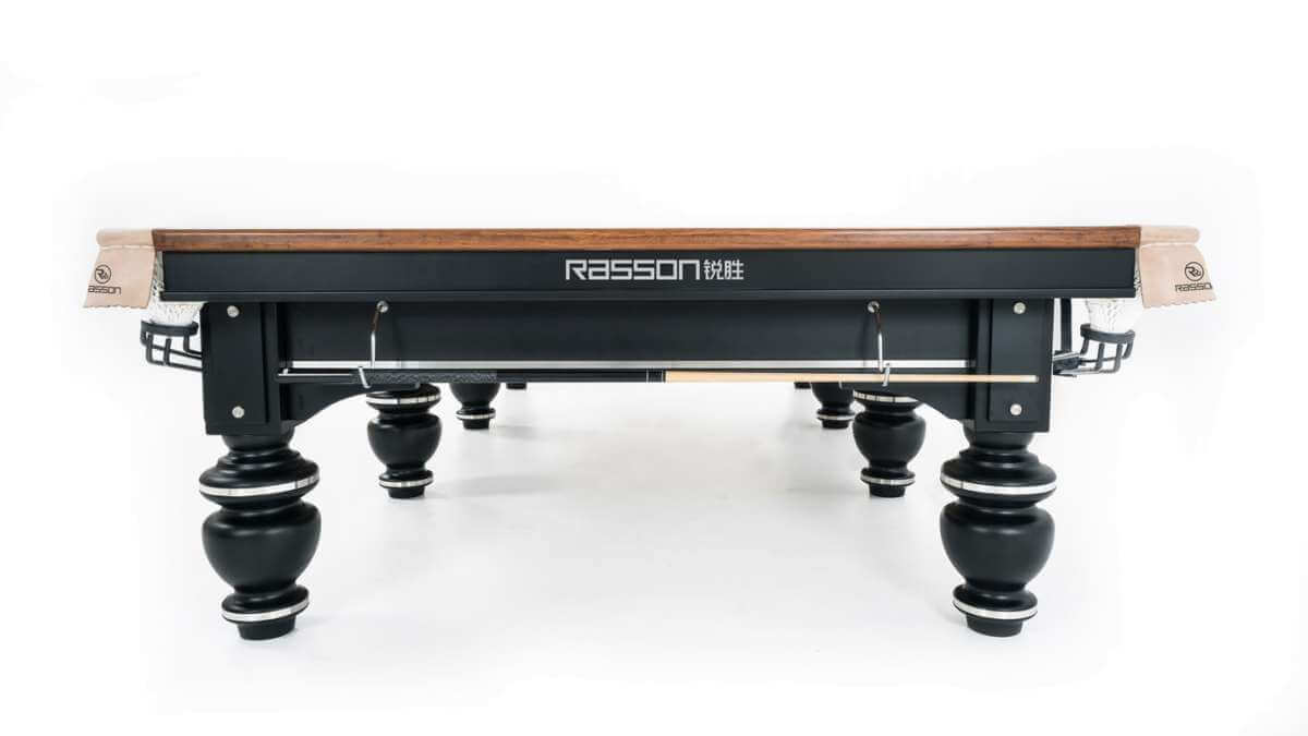 End-on view of the Rasson Strong II 12ft snooker table with the Rasson badge on the apron
