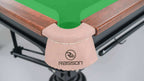 Close-up of the corner pocket plate and cushion on the Rasson Strong II 12ft snooker table