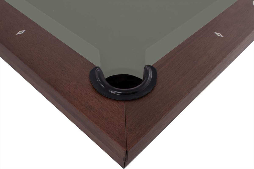 Close-up of the Rasson Trillium 8ft American Dining Pool Table's internal leather drop pocket at the corner