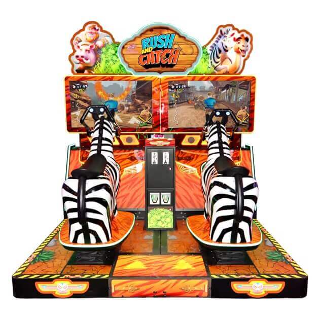 Rush and Catch arcade machine from the front showing both zebras and the Rush and Catch sign