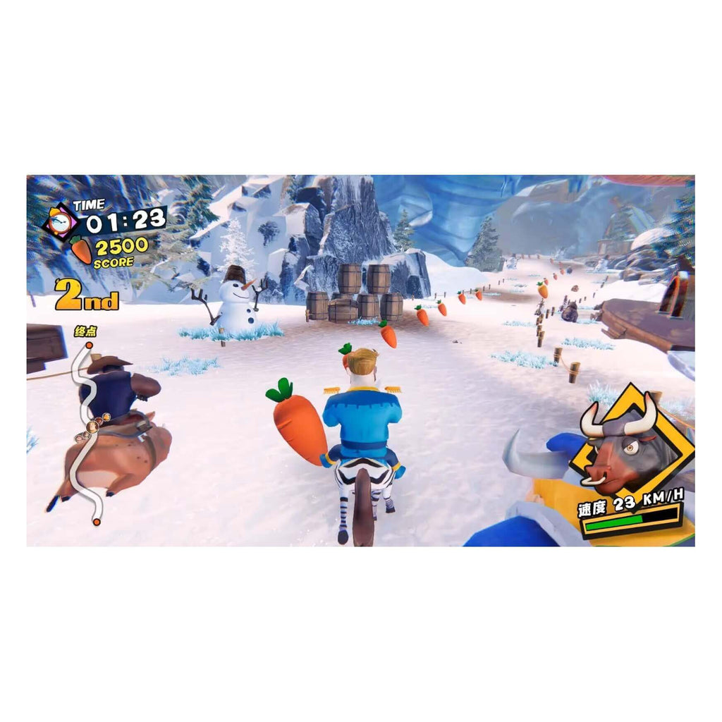 Rush and Catch gameplay screen showing riders racing through a snowy scene