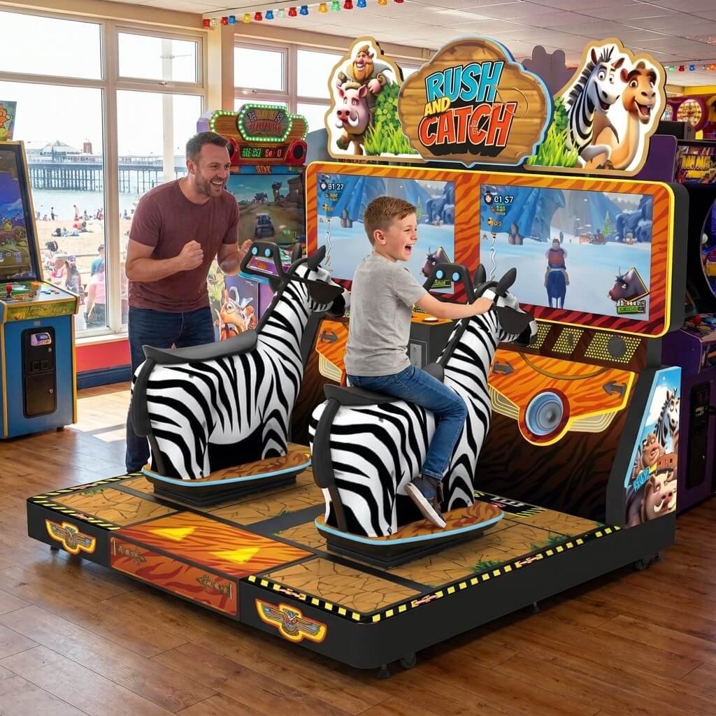 Rush and Catch ride-on racing arcade machine in a UK seaside arcade with a child playing while a parent watches