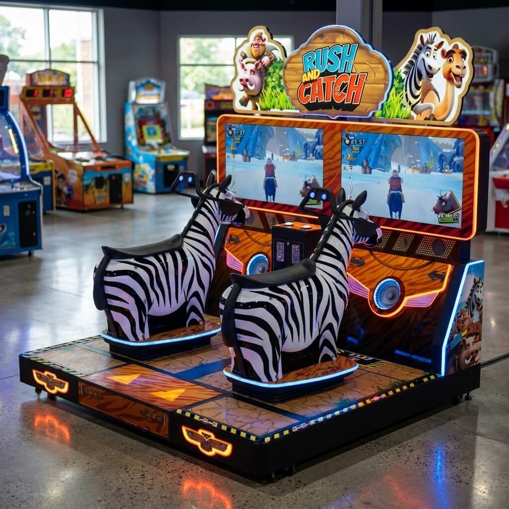 Rush and Catch ride-on racing arcade machine glowing in a family entertainment centre