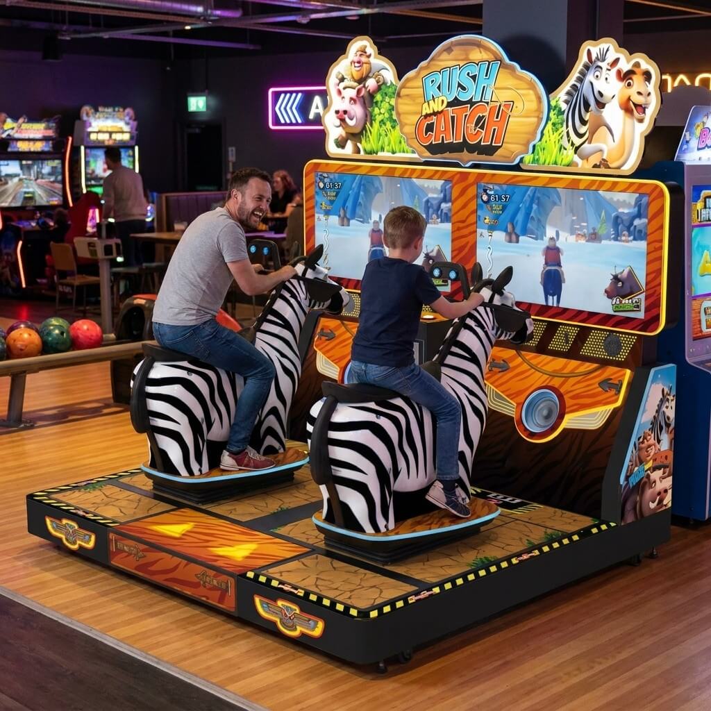A parent and child racing on Rush and Catch at a bowling alley in the evening