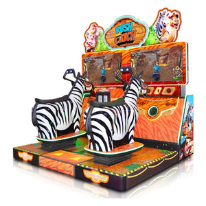 Rush and Catch arcade machine from the side showing the two ride-on zebras and twin screens