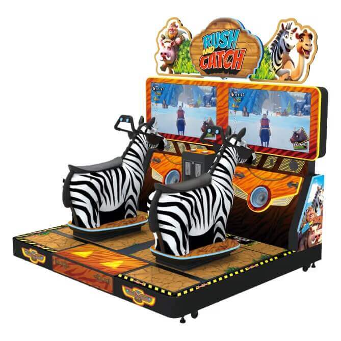 Rush and Catch two player ride-on racing arcade machine with two life-size zebras in front of twin screens