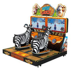 Rush and Catch two player ride-on racing arcade machine with two life-size zebras in front of twin screens