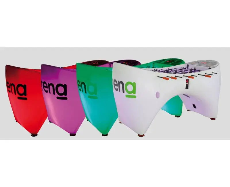 SAM Arena football tables lit in red, purple, green and white