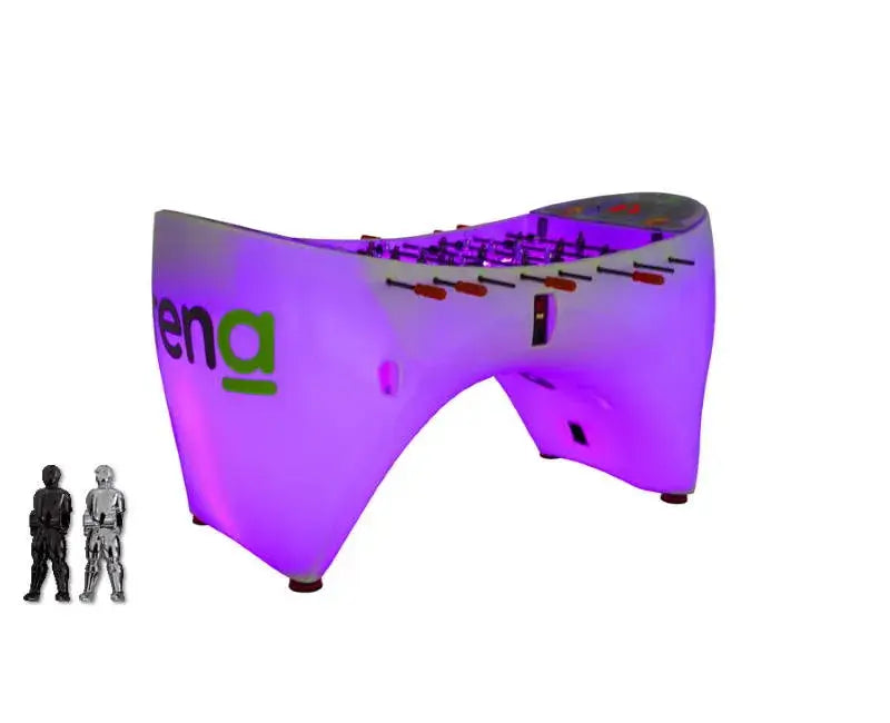 SAM Arena football table in purple shown with people for scale