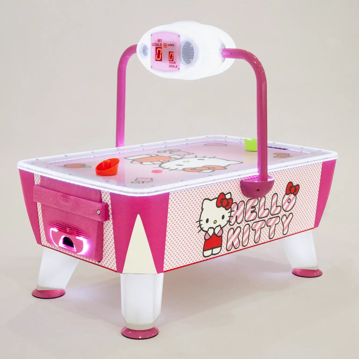 Hello Kitty Baby Evo air hockey table with the Hello Kitty logo on the cabinet side