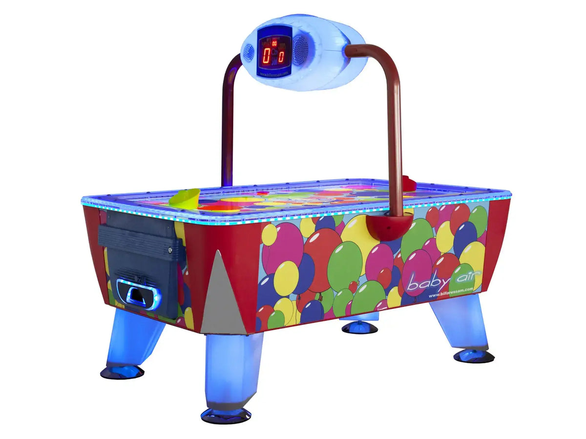 SAM Baby Evo kids air hockey table with colourful playfield and illuminated overhead scorer