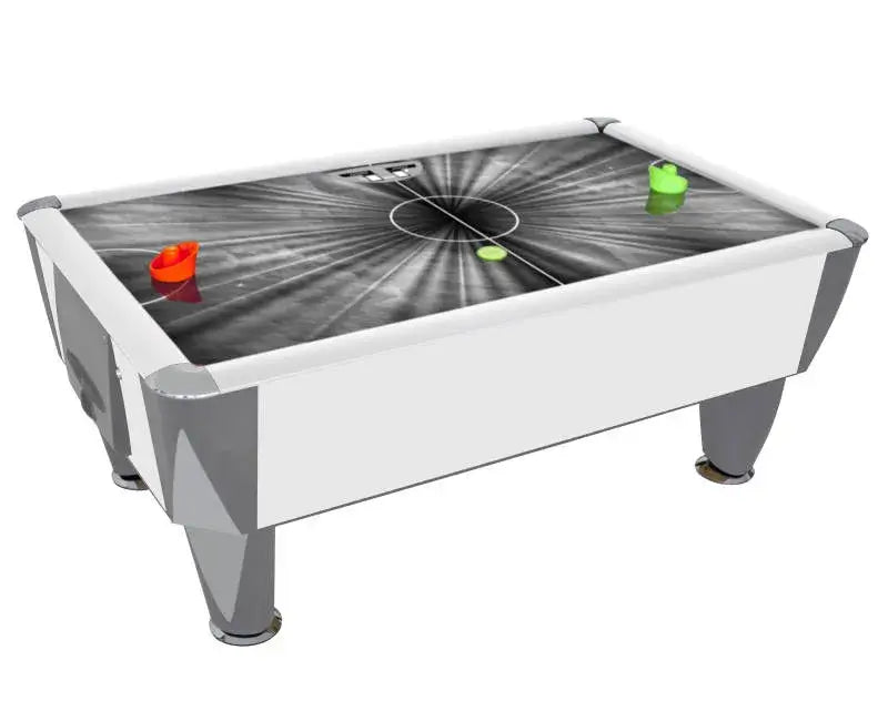 SAM Ice Track II air hockey table in white with a geometric playfield