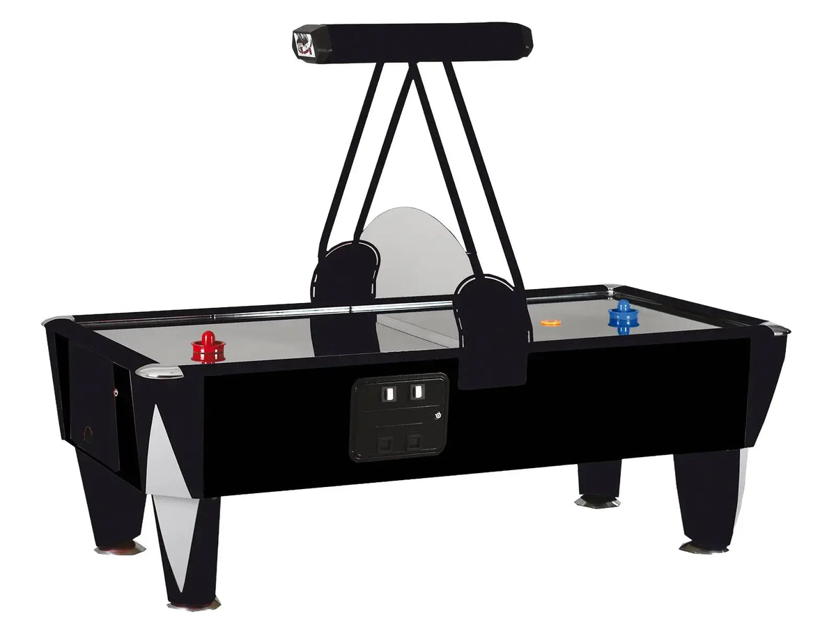 SAM Black Track 8ft commercial air hockey table with black cabinet and overhead scorer