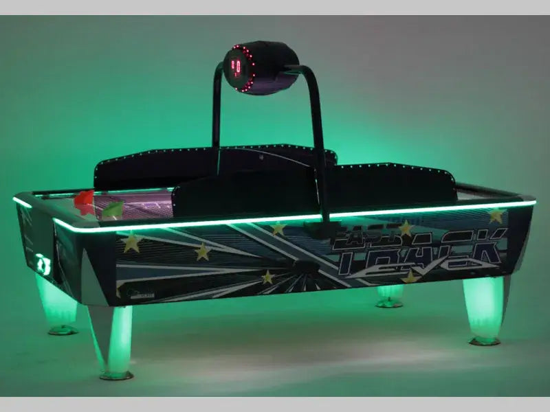 SAM Double Evo air hockey table glowing with green LED lighting
