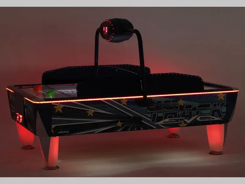 SAM Double Evo air hockey table glowing with red LED lighting