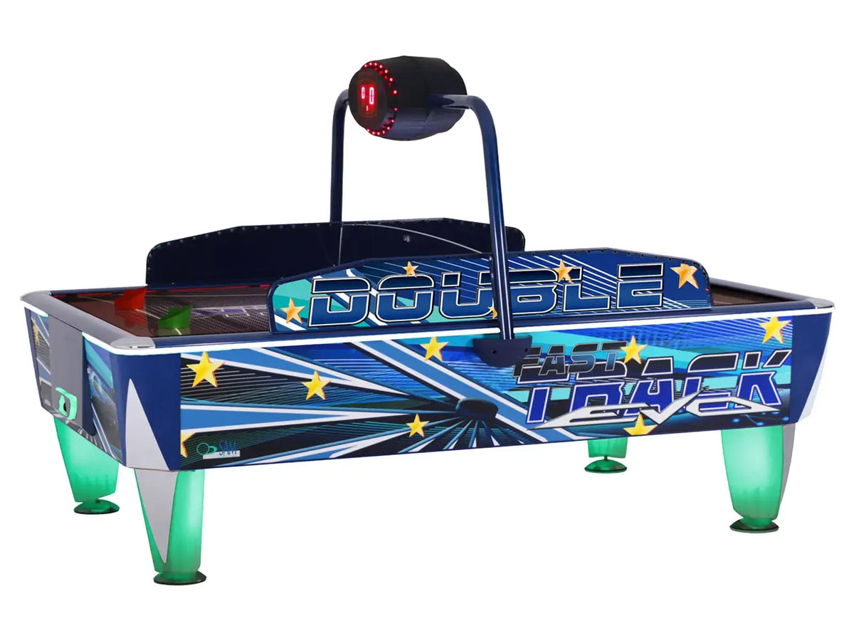 SAM Double Evo four player air hockey table with illuminated legs and overhead scorer