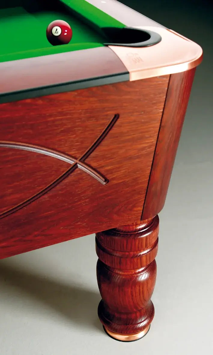 Close-up of a corner pocket and cabinet detail on the SAM Royal Class pool table
