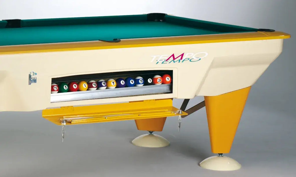 SAM Tempo Outdoor pool table with balls racked on the table
