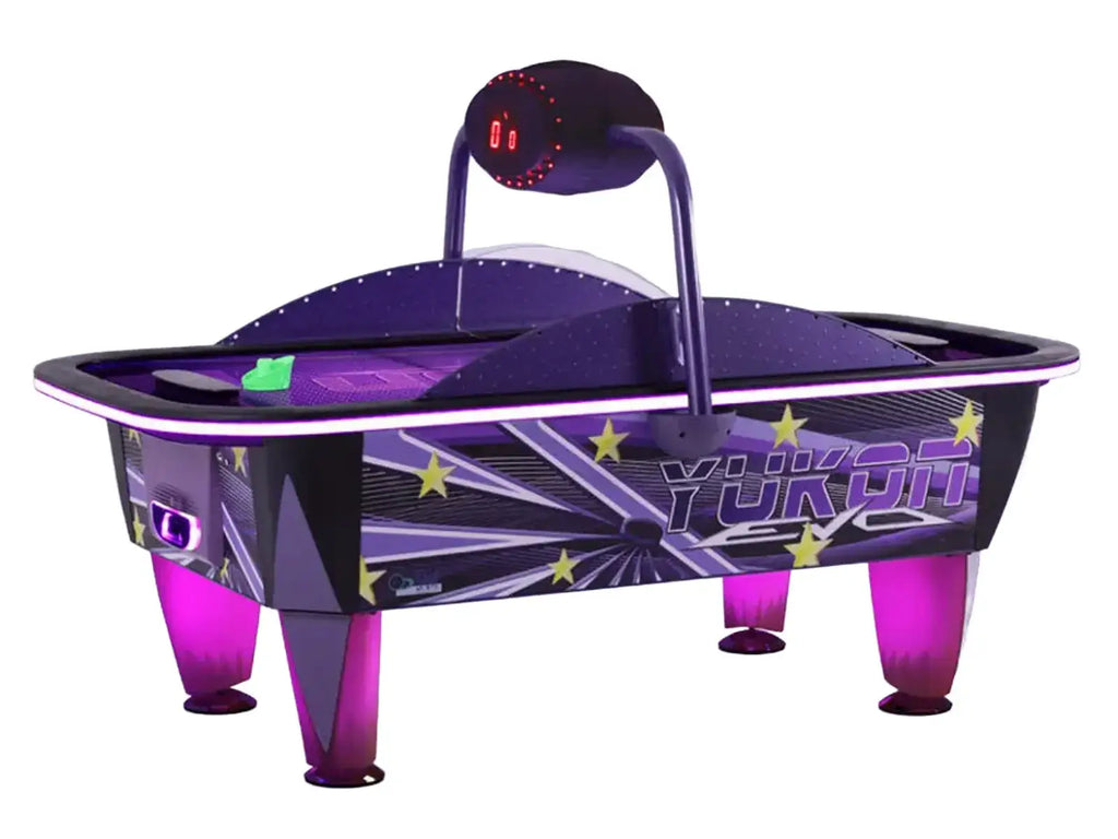 SAM Yukon Evo air hockey table with purple LED lighting and overhead scorer