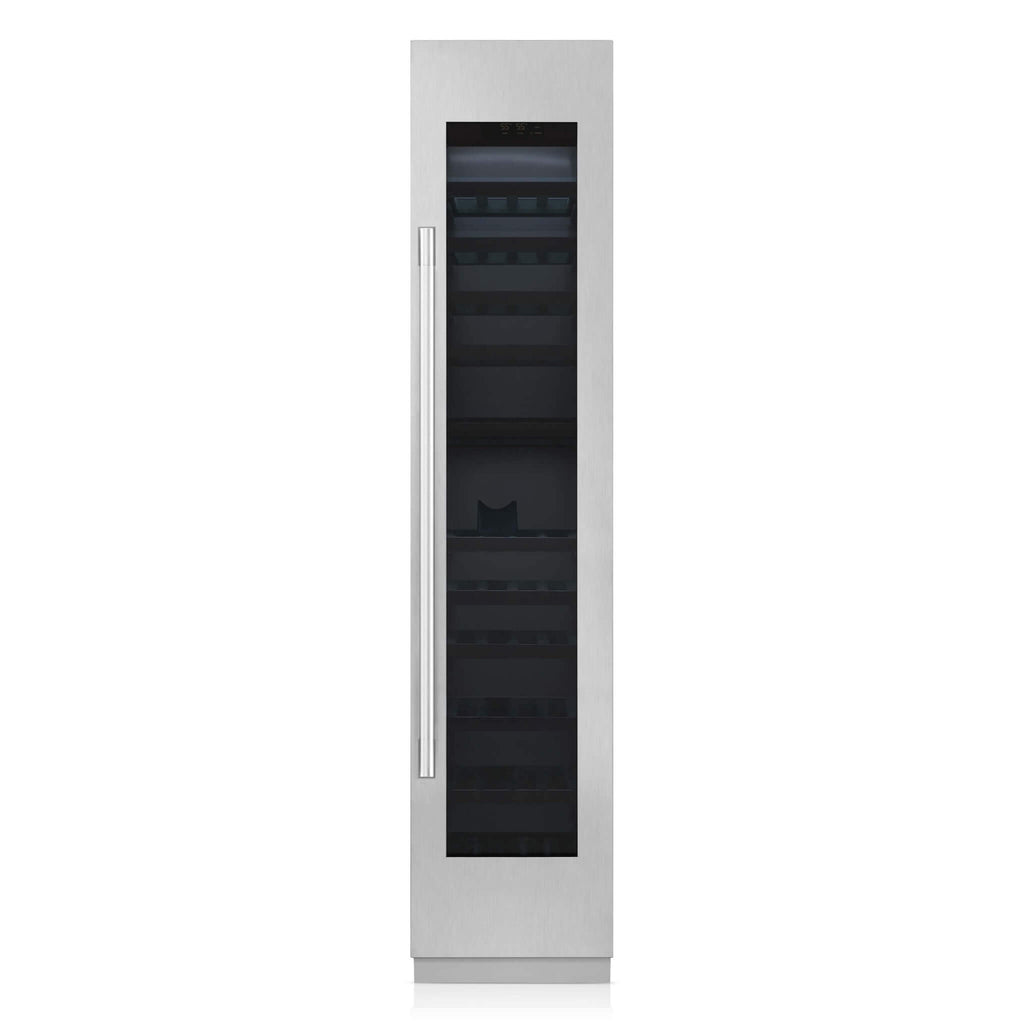 Signature Kitchen Suite 45cm integrated wine fridge with a stainless steel panel, door closed