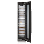 Signature Kitchen Suite 45cm integrated wine fridge with the glass door open, showing wine bottles on wooden shelves