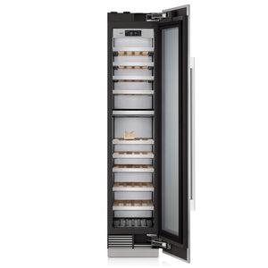 Signature Kitchen Suite 45cm integrated wine fridge with the glass door open, showing wine bottles on wooden shelves
