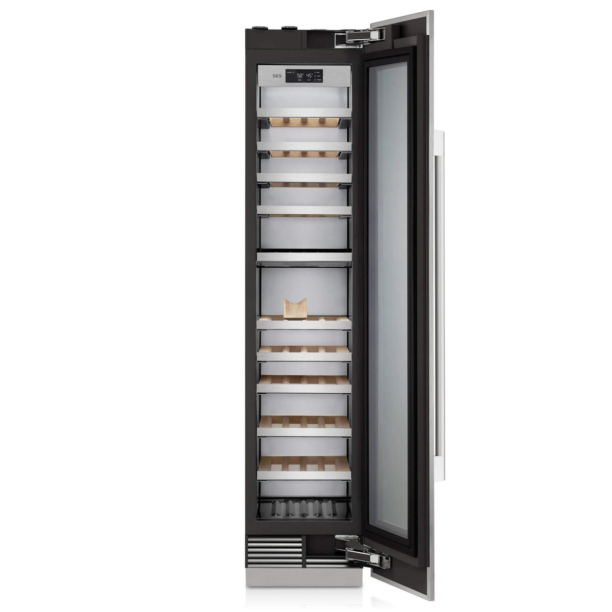 Signature Kitchen Suite 45cm integrated wine fridge with the glass door open, showing wine bottles on wooden shelves