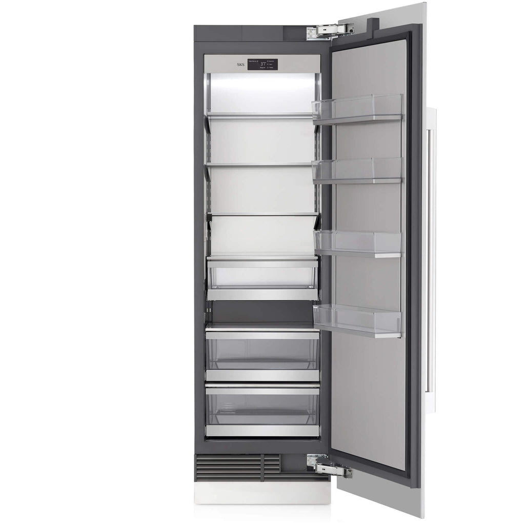Signature Kitchen Suite 60cm integrated larder fridge with the door open, showing shelves and drawers