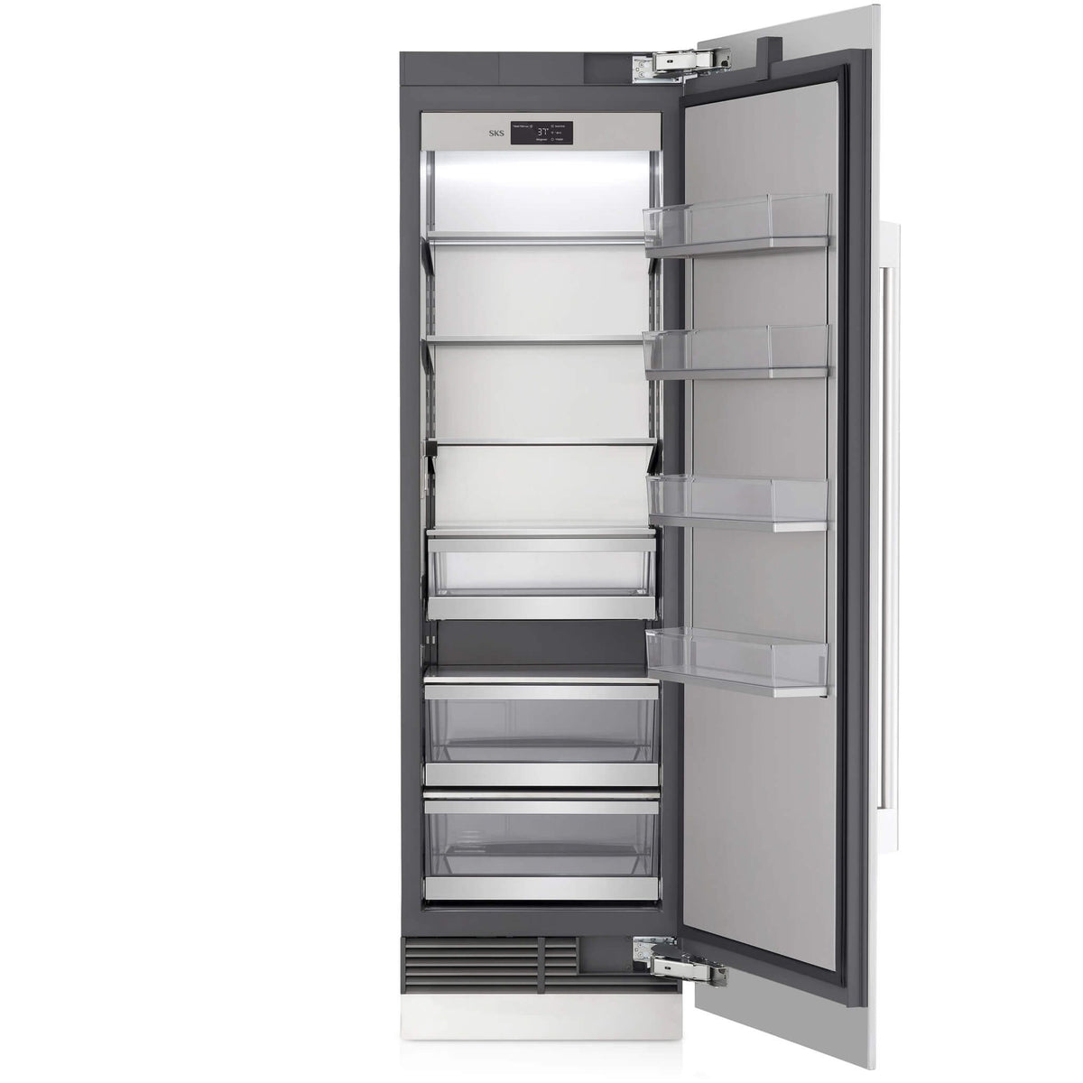 Signature Kitchen Suite 60cm integrated larder fridge with the door open, showing shelves and drawers