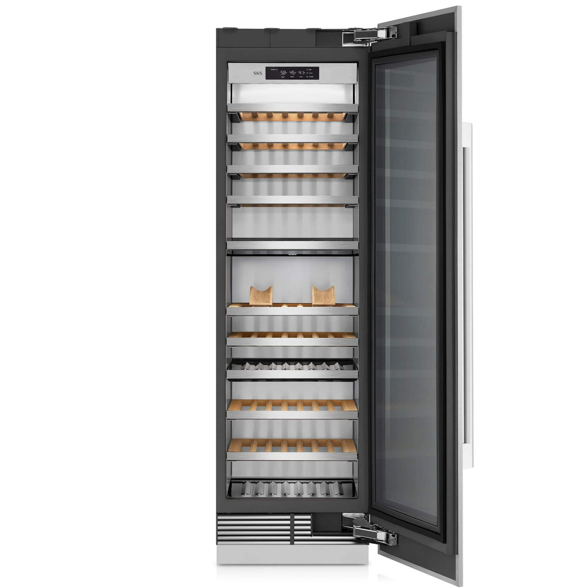 Signature Kitchen Suite 60cm integrated wine fridge with the glass door open, showing three zones of wine bottles